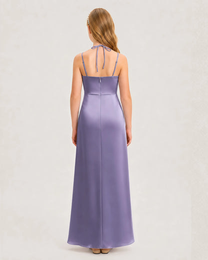 Dideyttawl Halter Neck Ruched Satin Junior Bridesmaid Dress