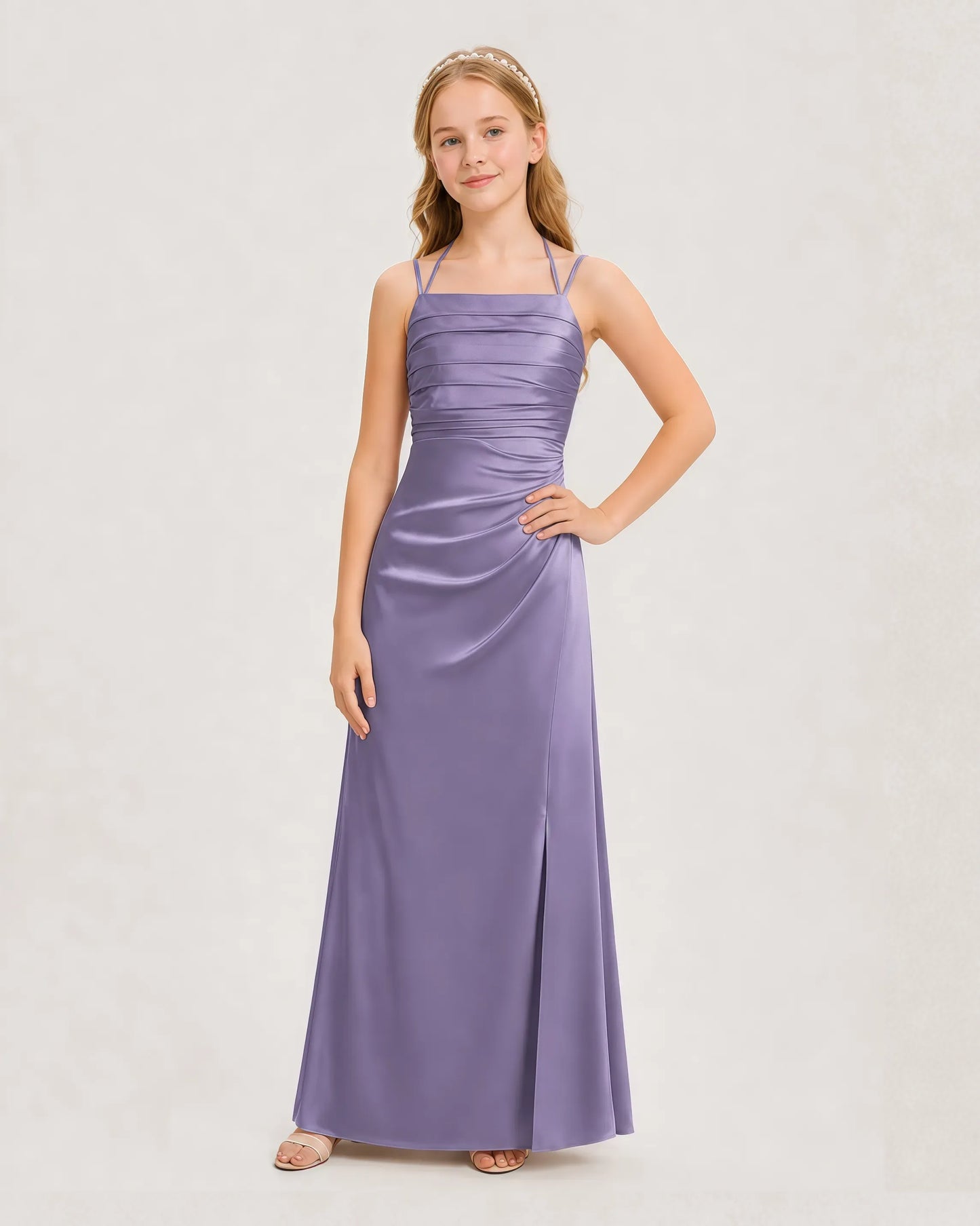 Dideyttawl Ruched Satin Halter Neck Junior Bridesmaid Dress with Side Slit