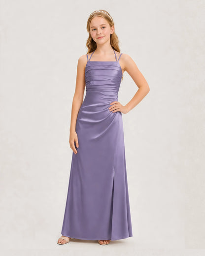 Dideyttawl Ruched Satin Halter Neck Junior Bridesmaid Dress with Side Slit
