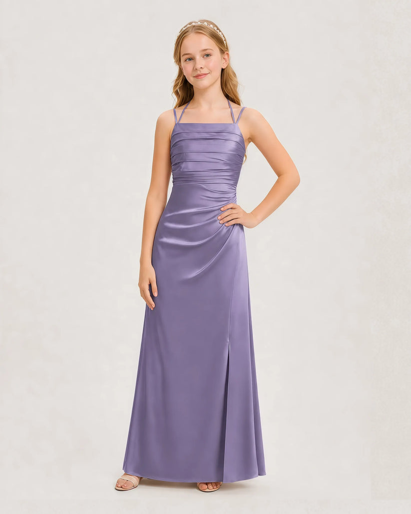 Wisteria Satin Pleated Junior Bridesmaid Dresses Front View