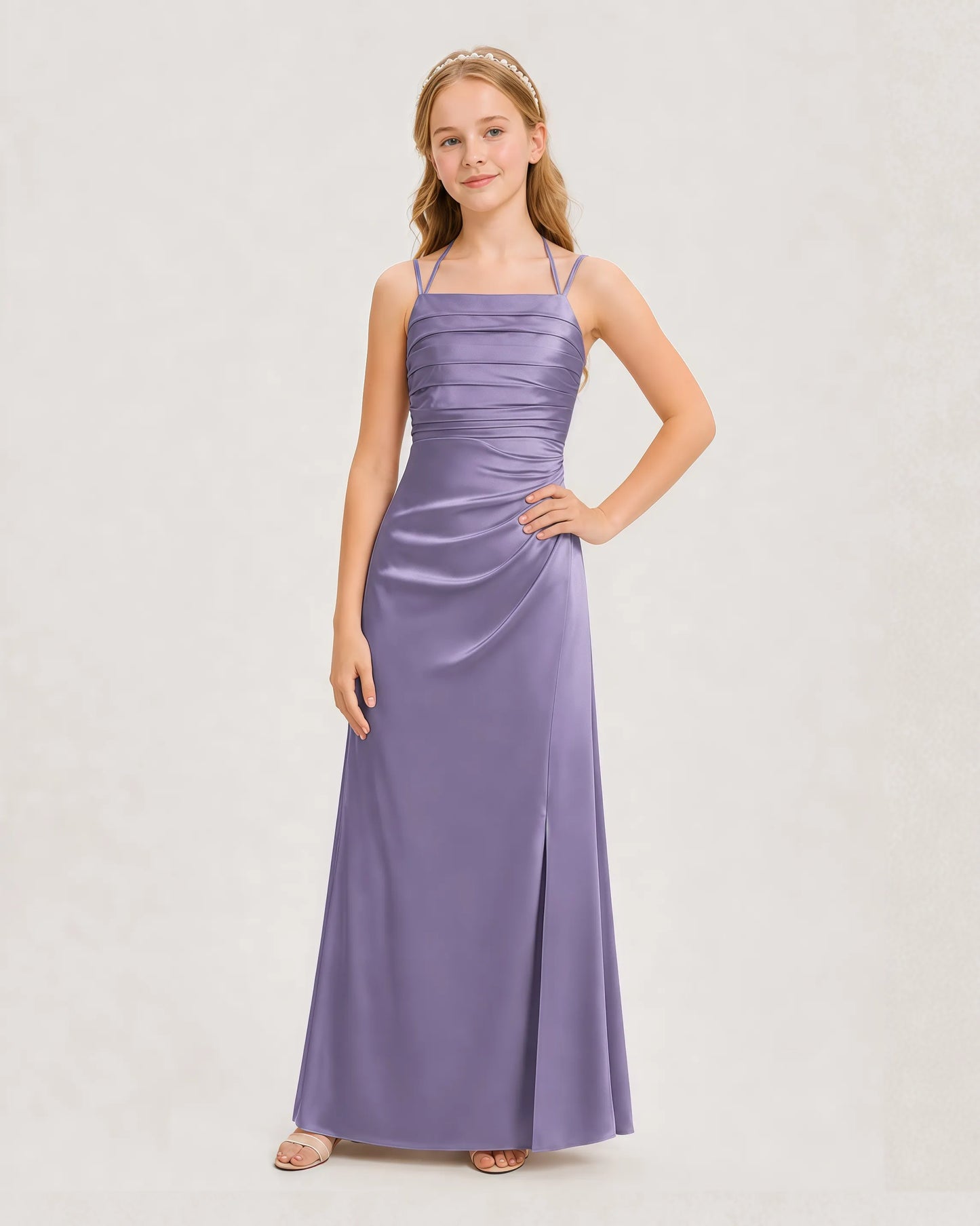Dideyttawl Halter Neck Ruched Satin Junior Bridesmaid Dress