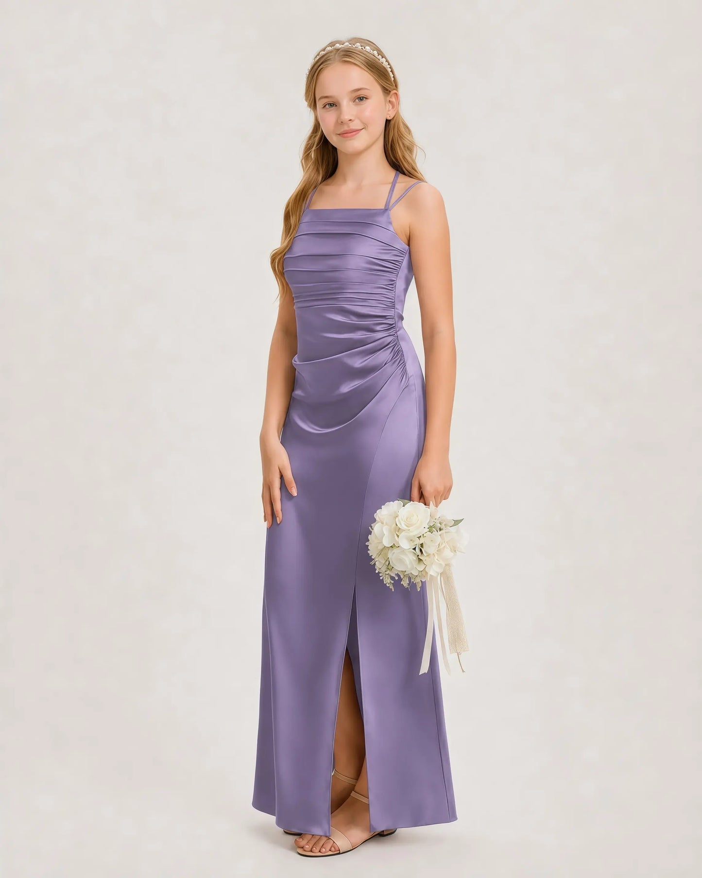 Dideyttawl Ruched Satin Halter Neck Junior Bridesmaid Dress with Side Slit