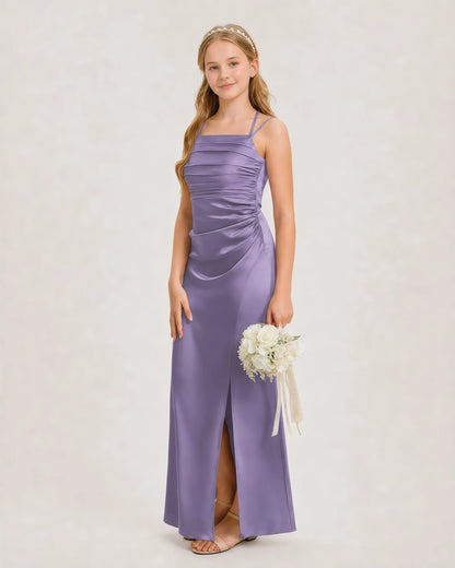 Dideyttawl Ruched Satin Halter Neck Junior Bridesmaid Dress with Side Slit