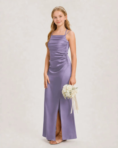 Dideyttawl Halter Neck Ruched Satin Junior Bridesmaid Dress