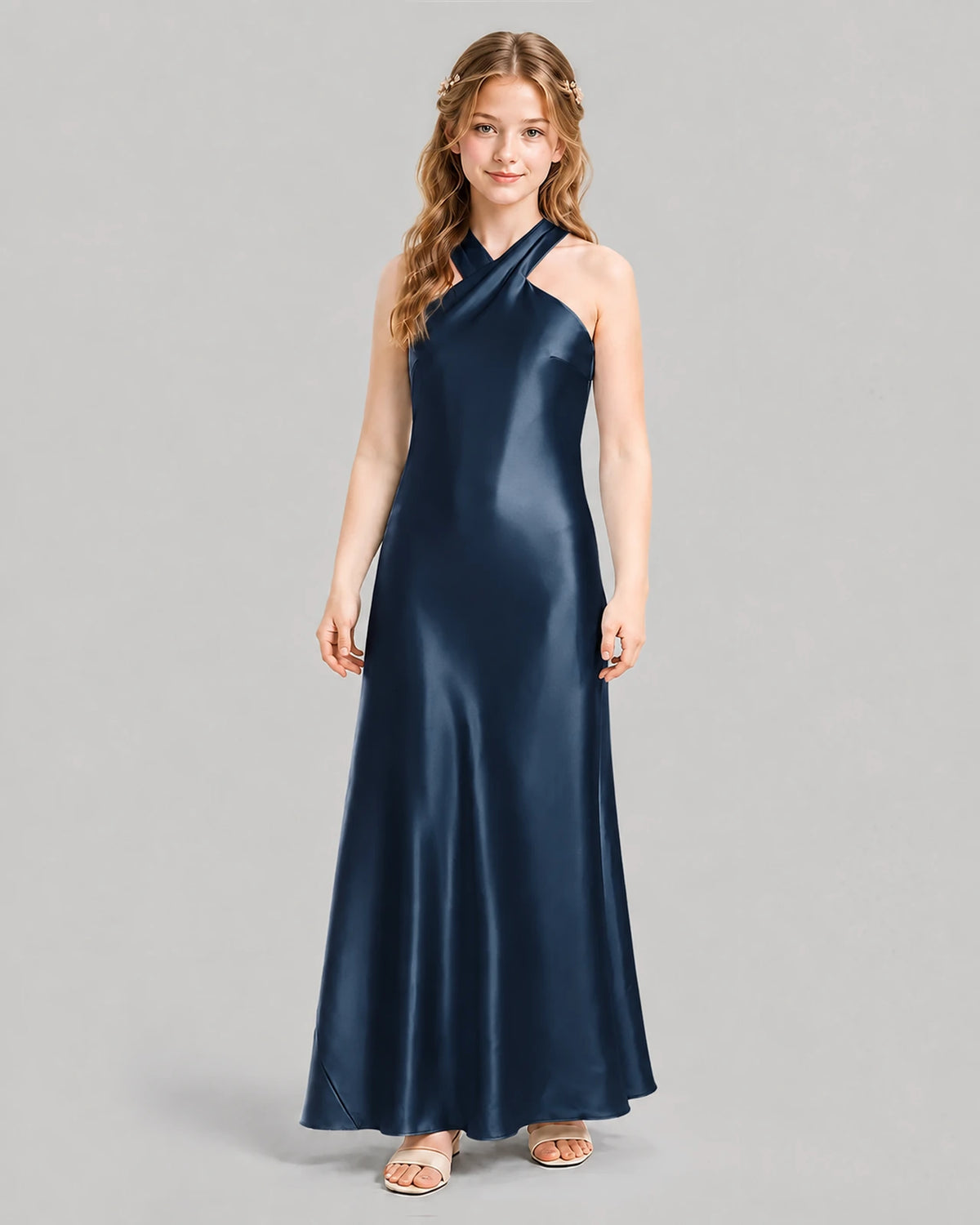 Navy Blue A-line Girls Formal Dresses Front