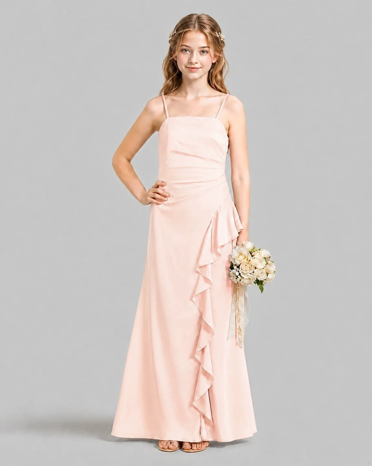 Blush Pink A-line Junior Bridesmaid Dresses Pose