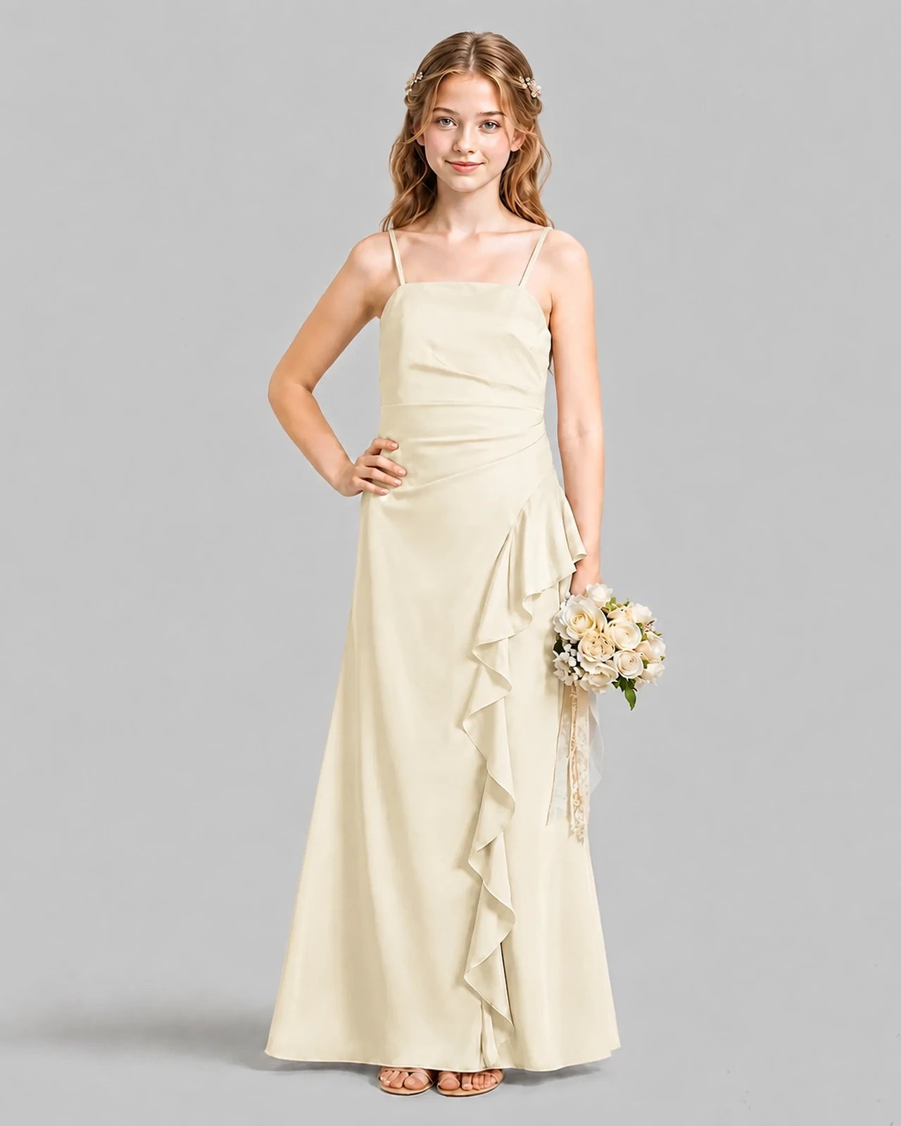 Champagne A-line Junior Bridesmaid Dresses Pose