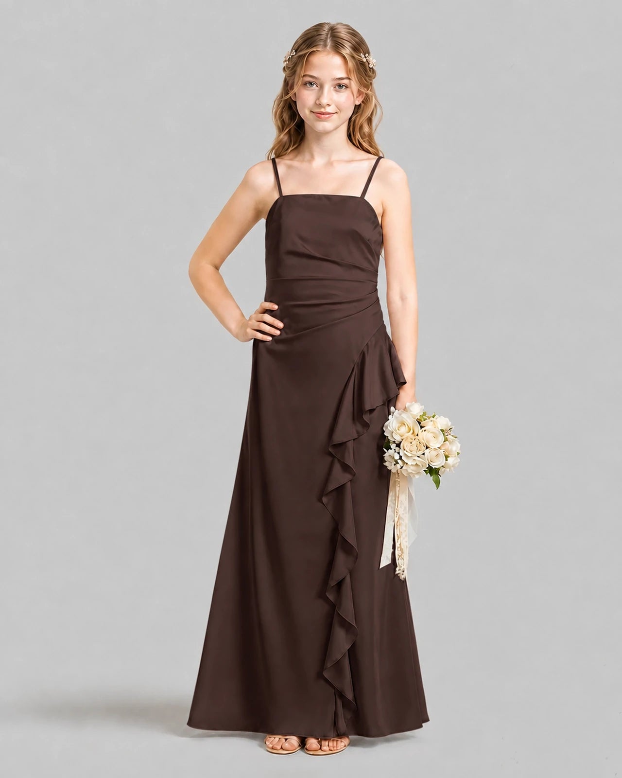 Chocolate A-line Junior Bridesmaid Dresses Pose