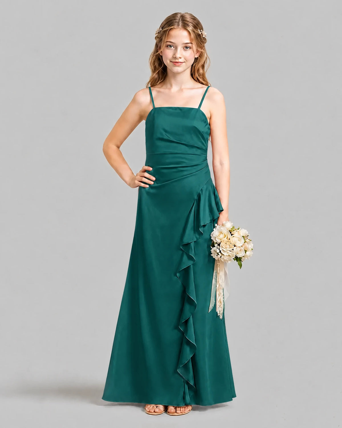 Peacock A-line Junior Bridesmaid Dresses Pose