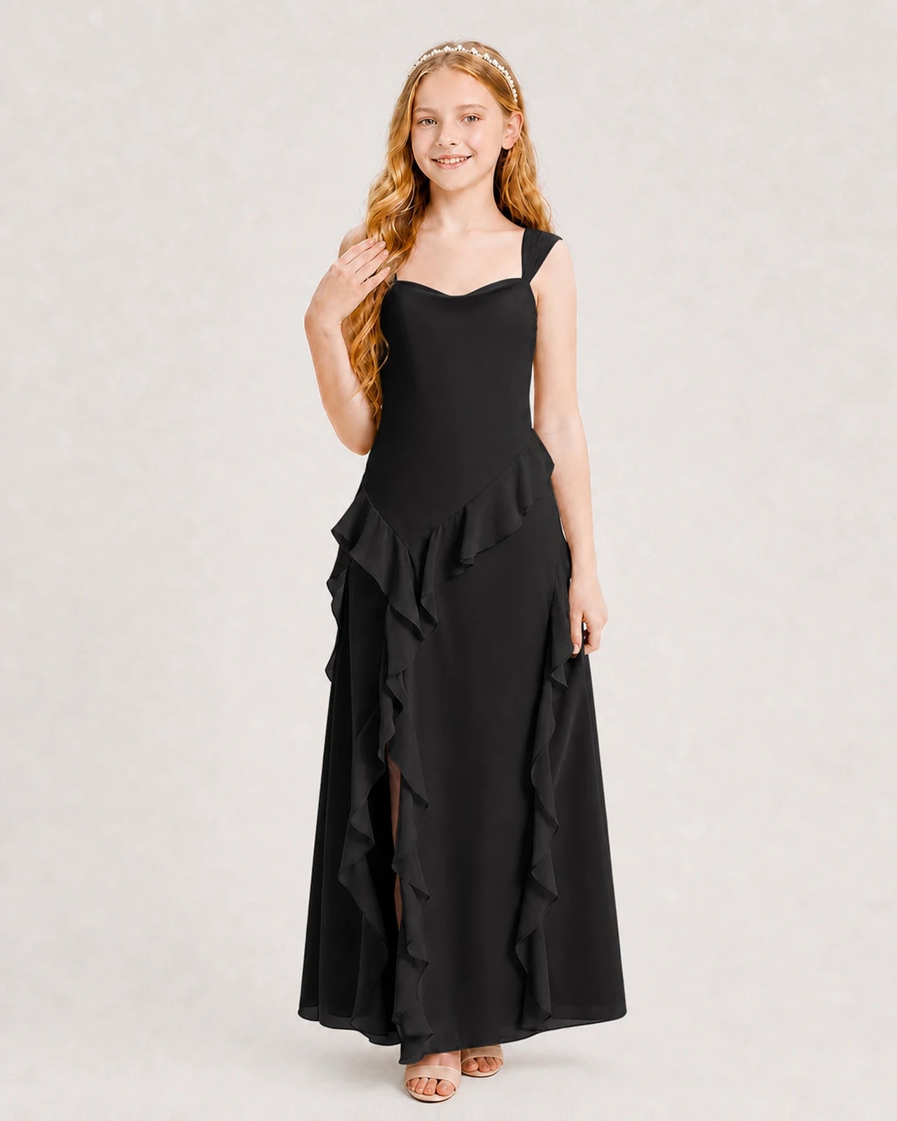 Dideyttawl Chiffon Junior Bridesmaid Dress with Cascading Ruffles
