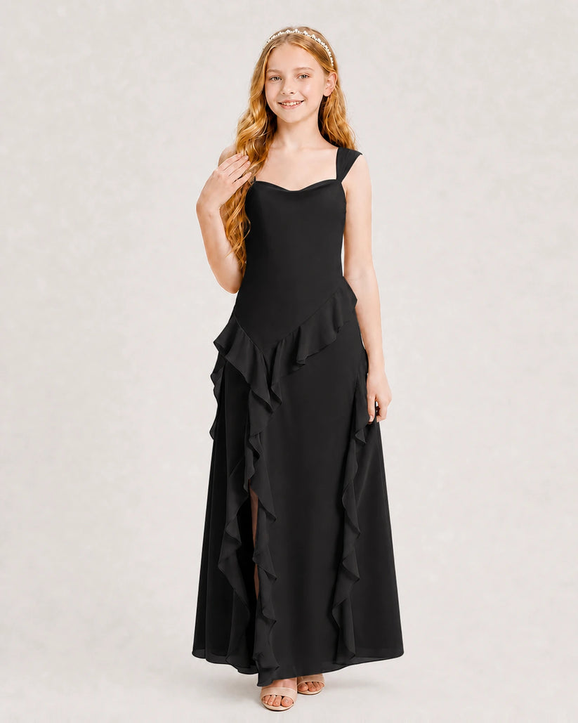 Black Chiffon A-line Junior Bridesmaid Dress Front View