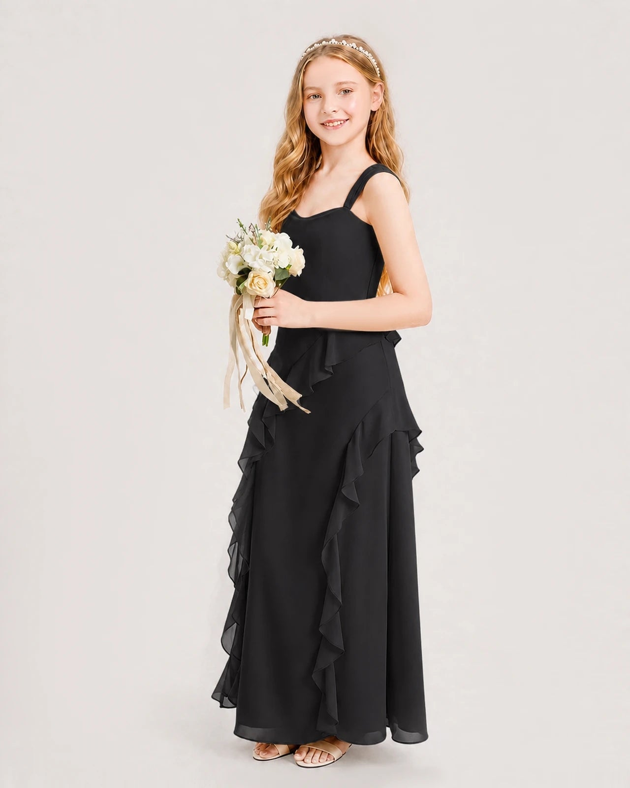 Black Chiffon A-line Junior Bridesmaid Dress Side View