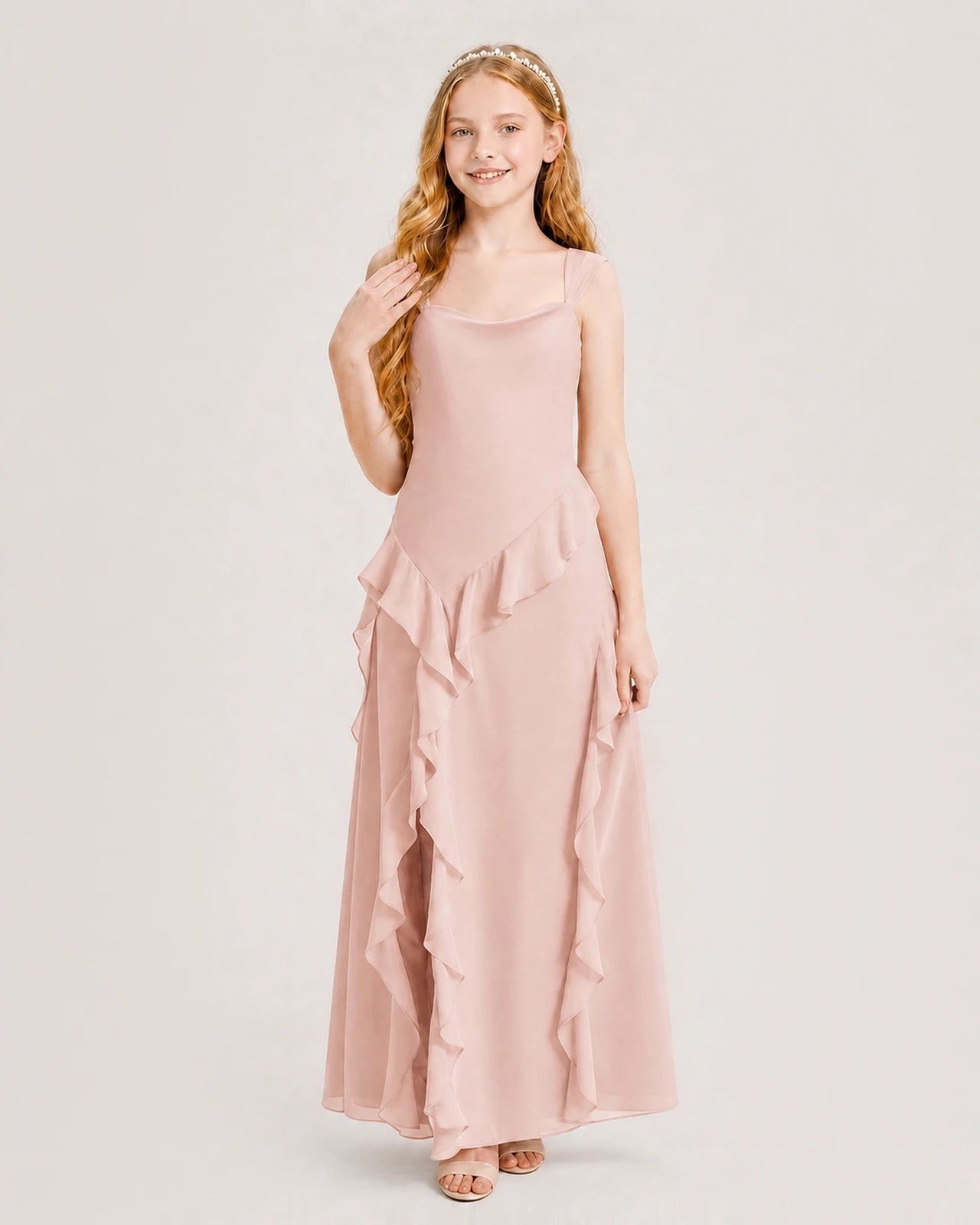 Dideyttawl Chiffon Junior Bridesmaid Dress with Cascading Ruffles
