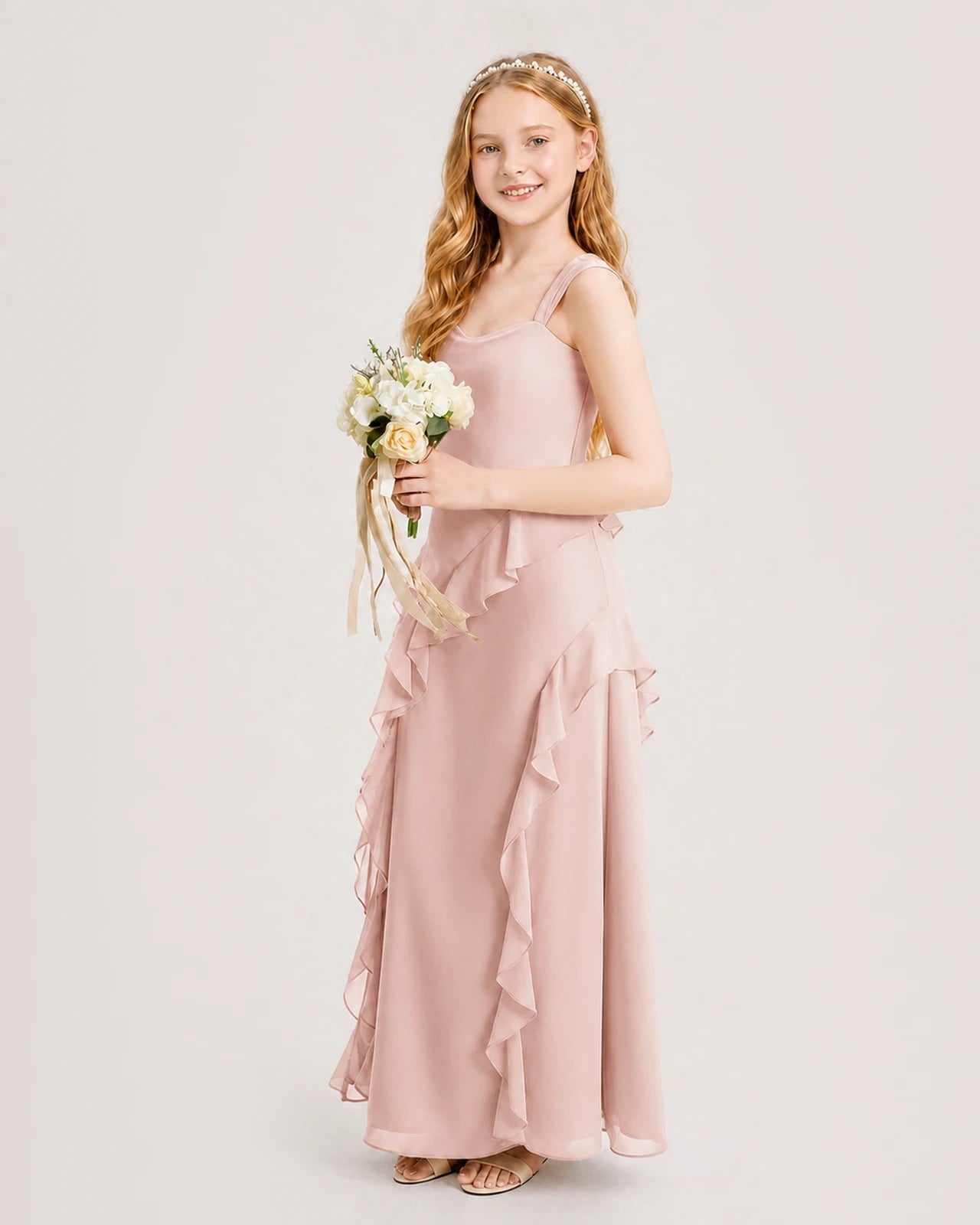 Dideyttawl Chiffon Junior Bridesmaid Dress with Cascading Ruffles