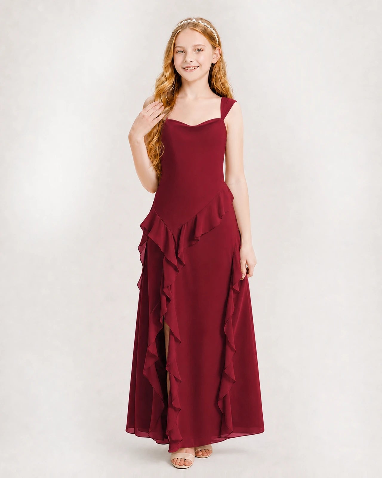 Dideyttawl Chiffon Junior Bridesmaid Dress with Cascading Ruffles