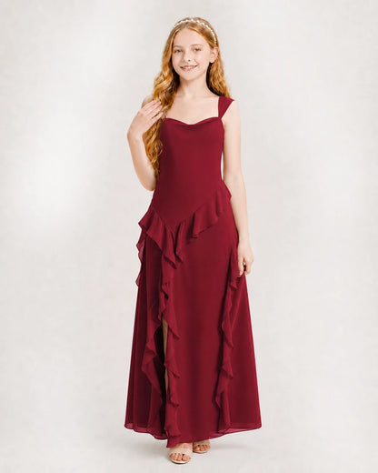 Burgundy Chiffon A-line Junior Bridesmaid Dress Front View