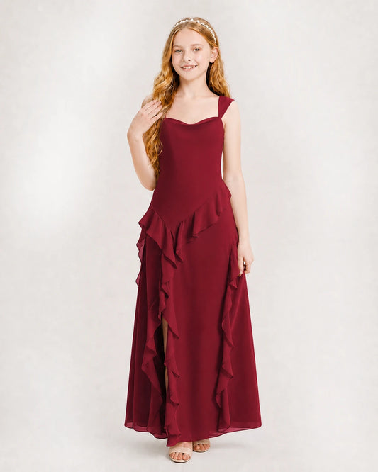 Burgundy Chiffon A-line Junior Bridesmaid Dress Front View