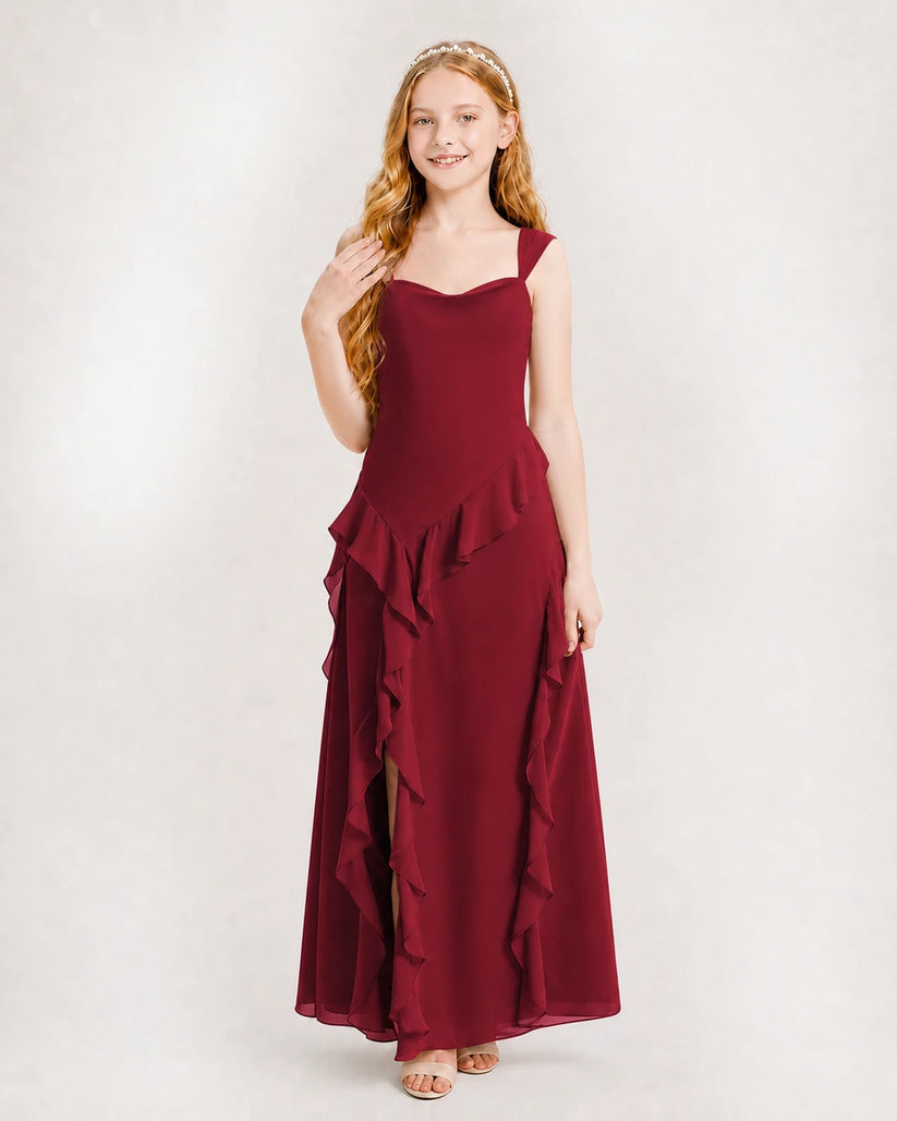 Burgundy Chiffon A-line Junior Bridesmaid Dress Front View