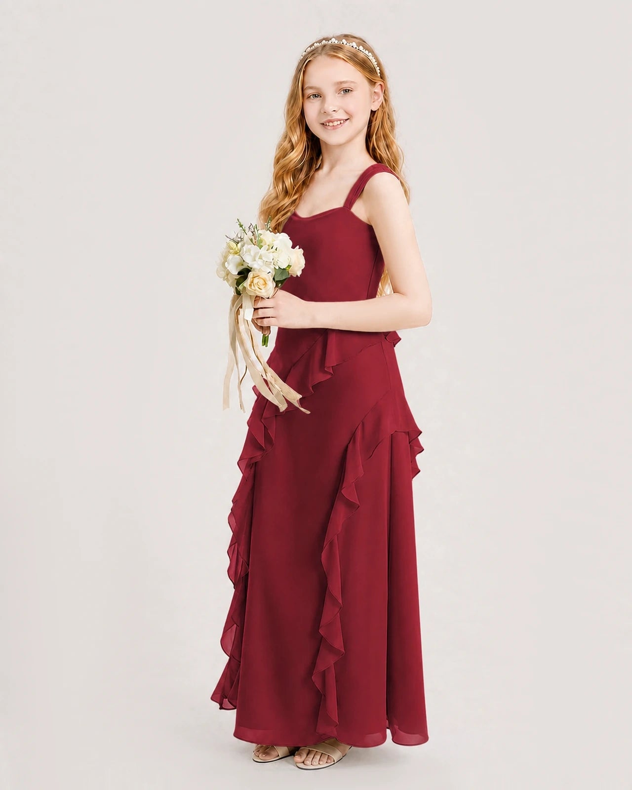 Dideyttawl Chiffon Junior Bridesmaid Dress with Cascading Ruffles