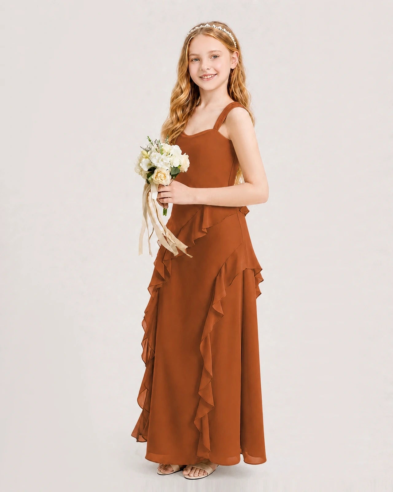 Dideyttawl Chiffon Junior Bridesmaid Dress with Cascading Ruffles