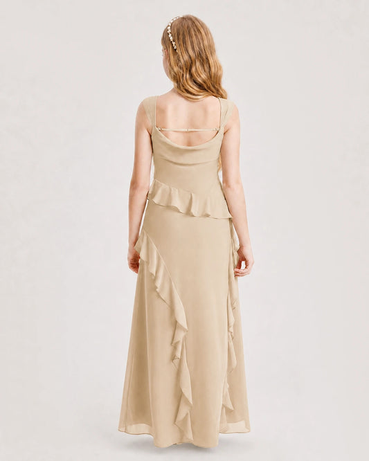 Champagne Chiffon A-line Junior Bridesmaid Dress Back View