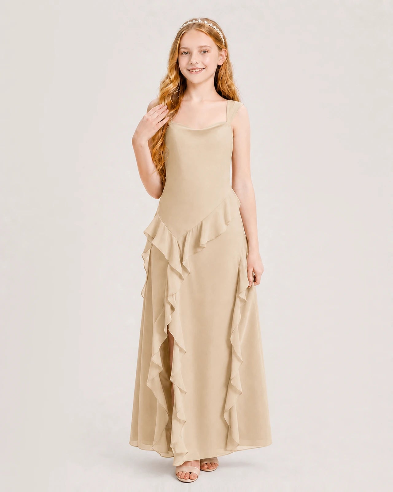 Dideyttawl Chiffon Junior Bridesmaid Dress with Cascading Ruffles