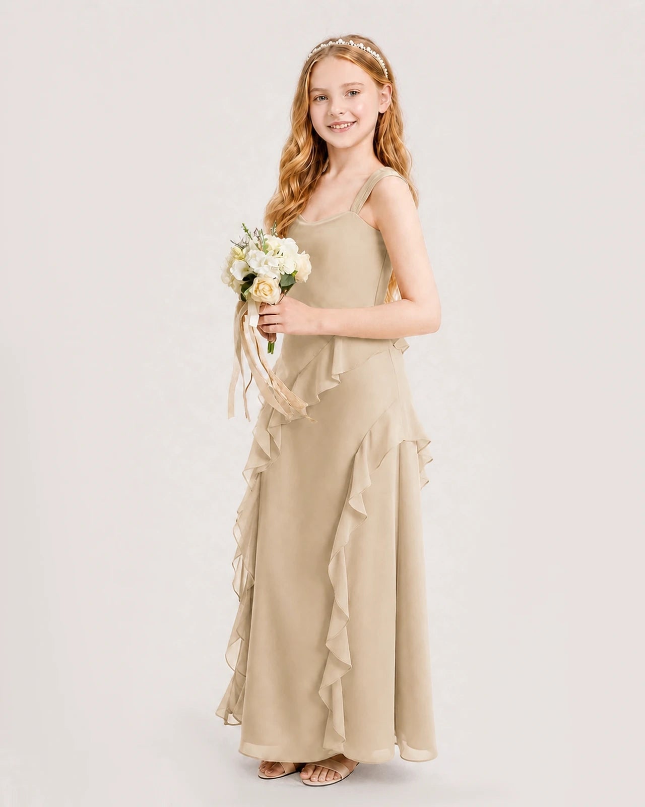 Dideyttawl Chiffon Junior Bridesmaid Dress with Cascading Ruffles