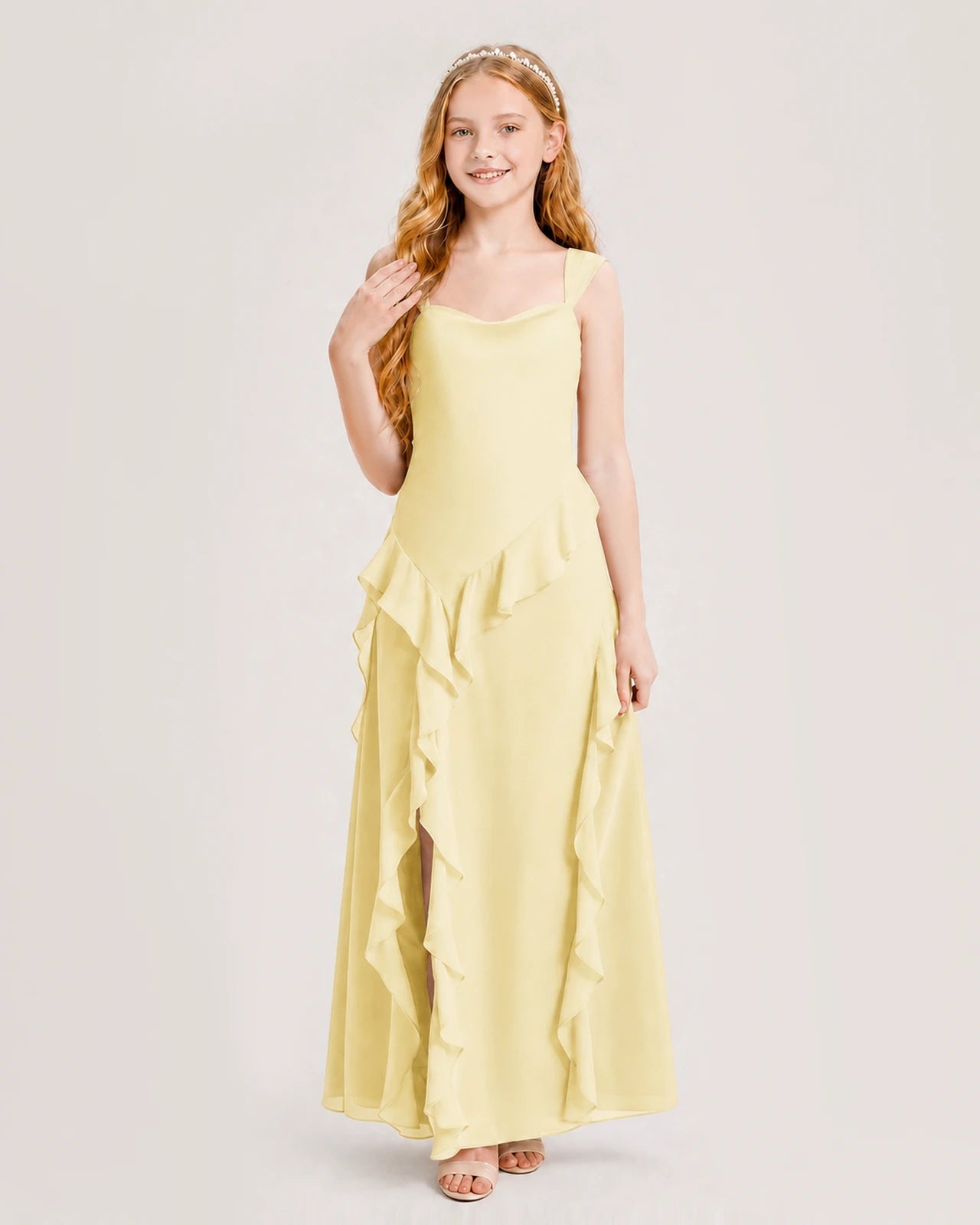 Dideyttawl Chiffon Junior Bridesmaid Dress with Cascading Ruffles