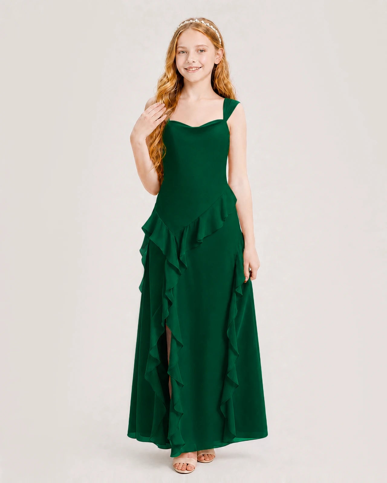 Dideyttawl Chiffon Junior Bridesmaid Dress with Cascading Ruffles