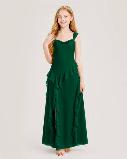 Dark Green Chiffon A-line Junior Bridesmaid Dress Front View