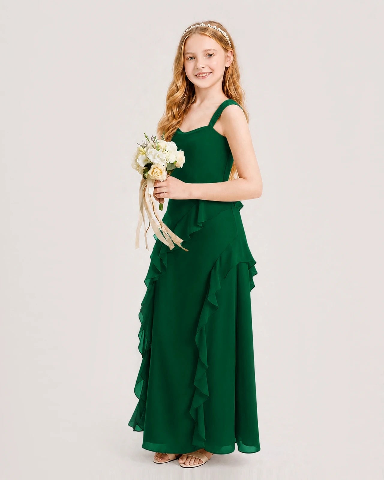 Dideyttawl Chiffon Junior Bridesmaid Dress with Cascading Ruffles