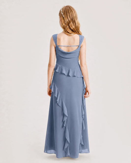 Dusty Blue Chiffon A-line Junior Bridesmaid Dress Back View