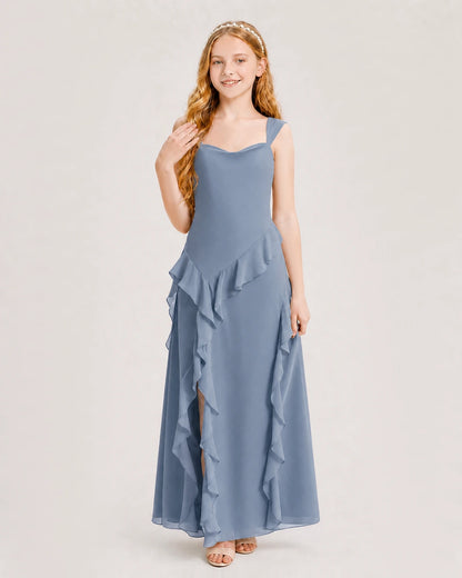 Dusty Blue Chiffon A-line Junior Bridesmaid Dress Front View