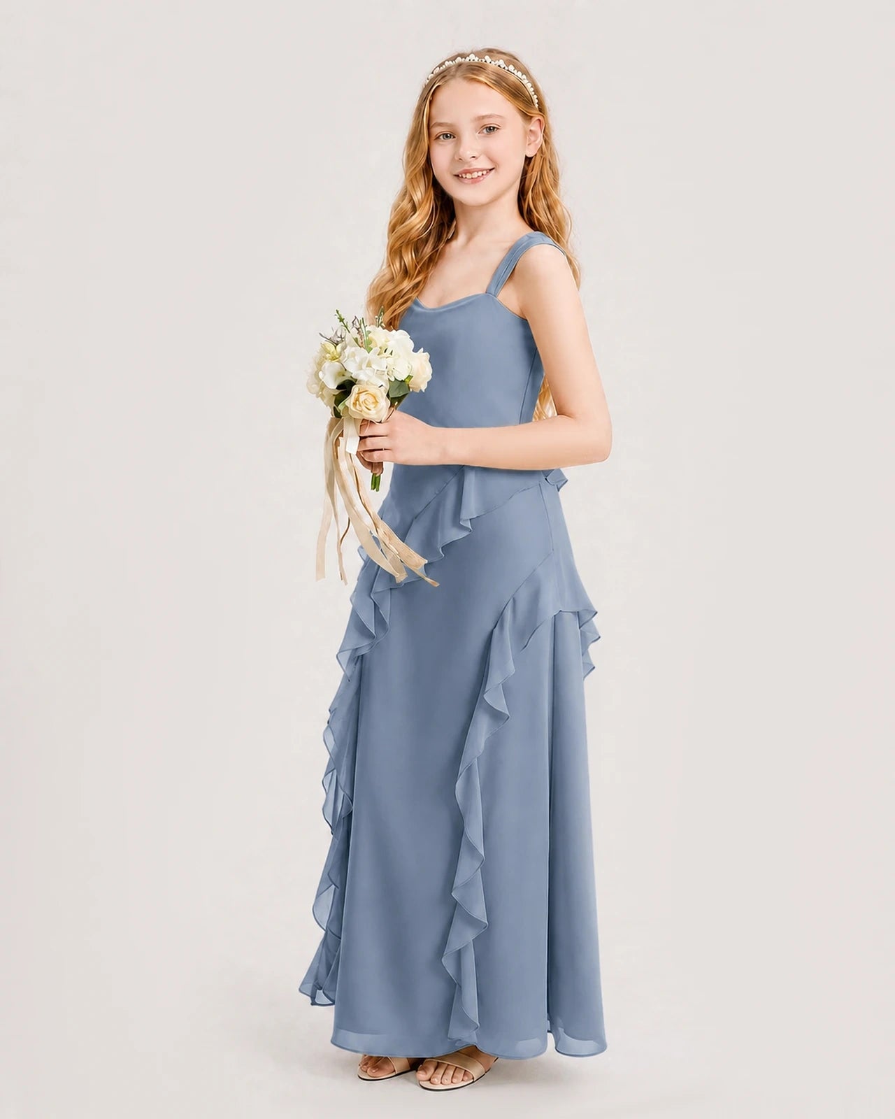 Dusty Blue Chiffon A-line Junior Bridesmaid Dress Side View