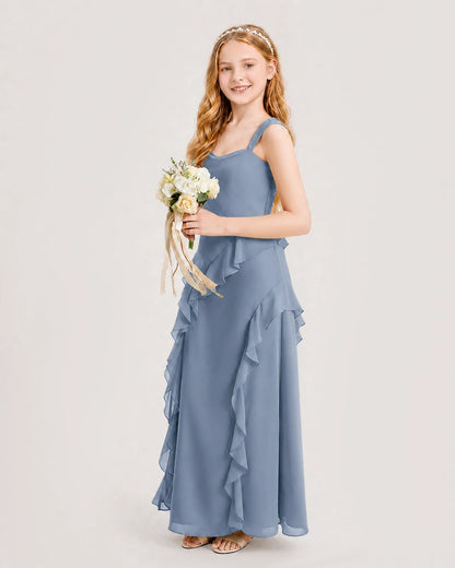 Dusty Blue Chiffon A-line Junior Bridesmaid Dress Side View
