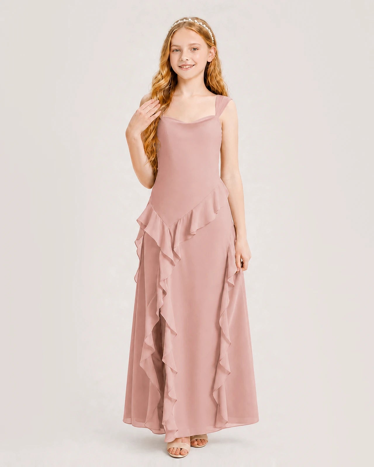 Dideyttawl Chiffon Junior Bridesmaid Dress with Cascading Ruffles