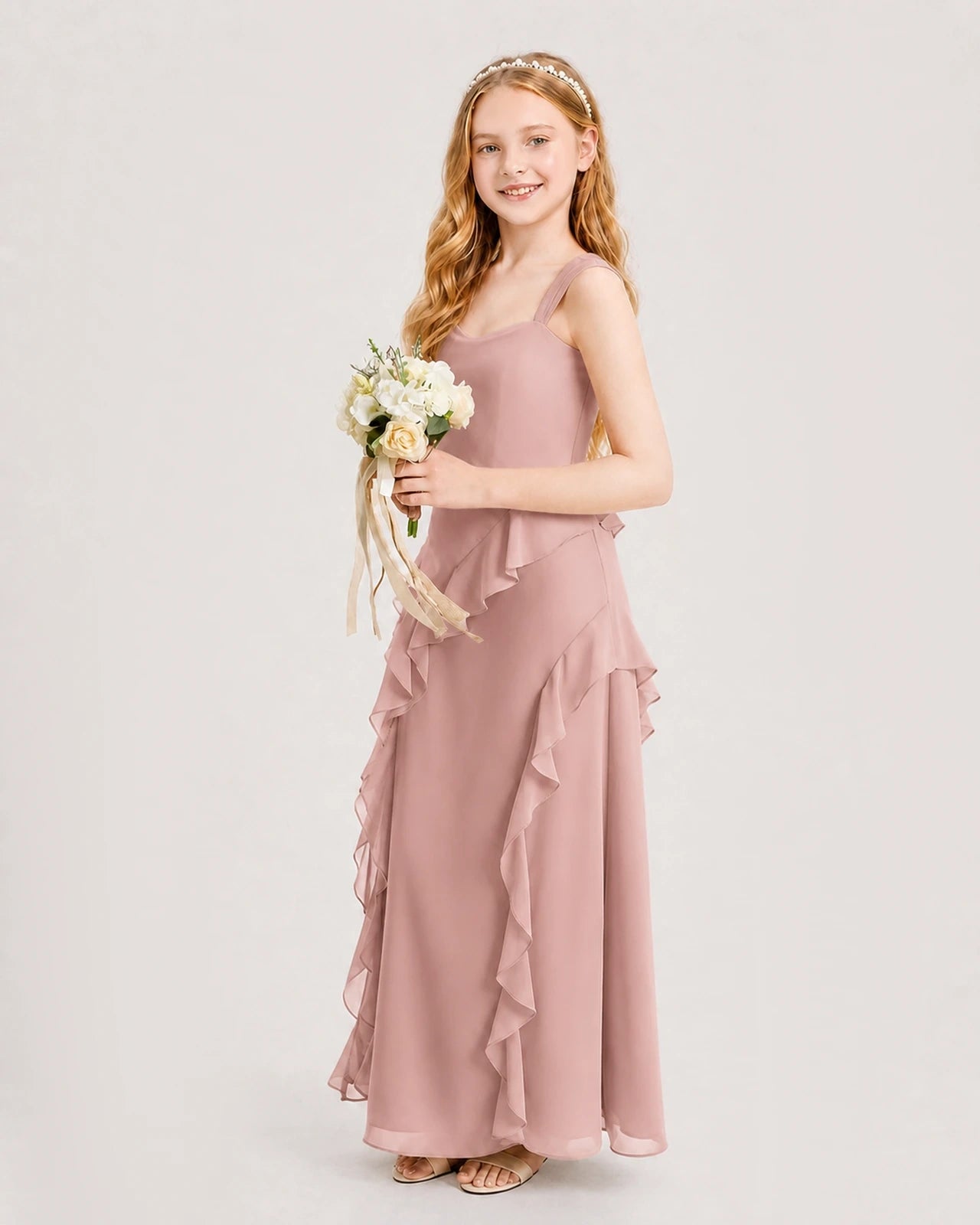 Dusty Rose Chiffon A-line Junior Bridesmaid Dress Side View