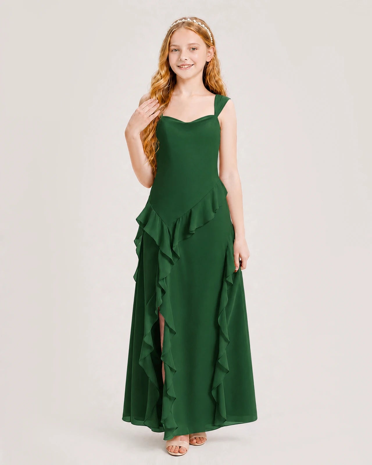 Dideyttawl Chiffon Junior Bridesmaid Dress with Cascading Ruffles