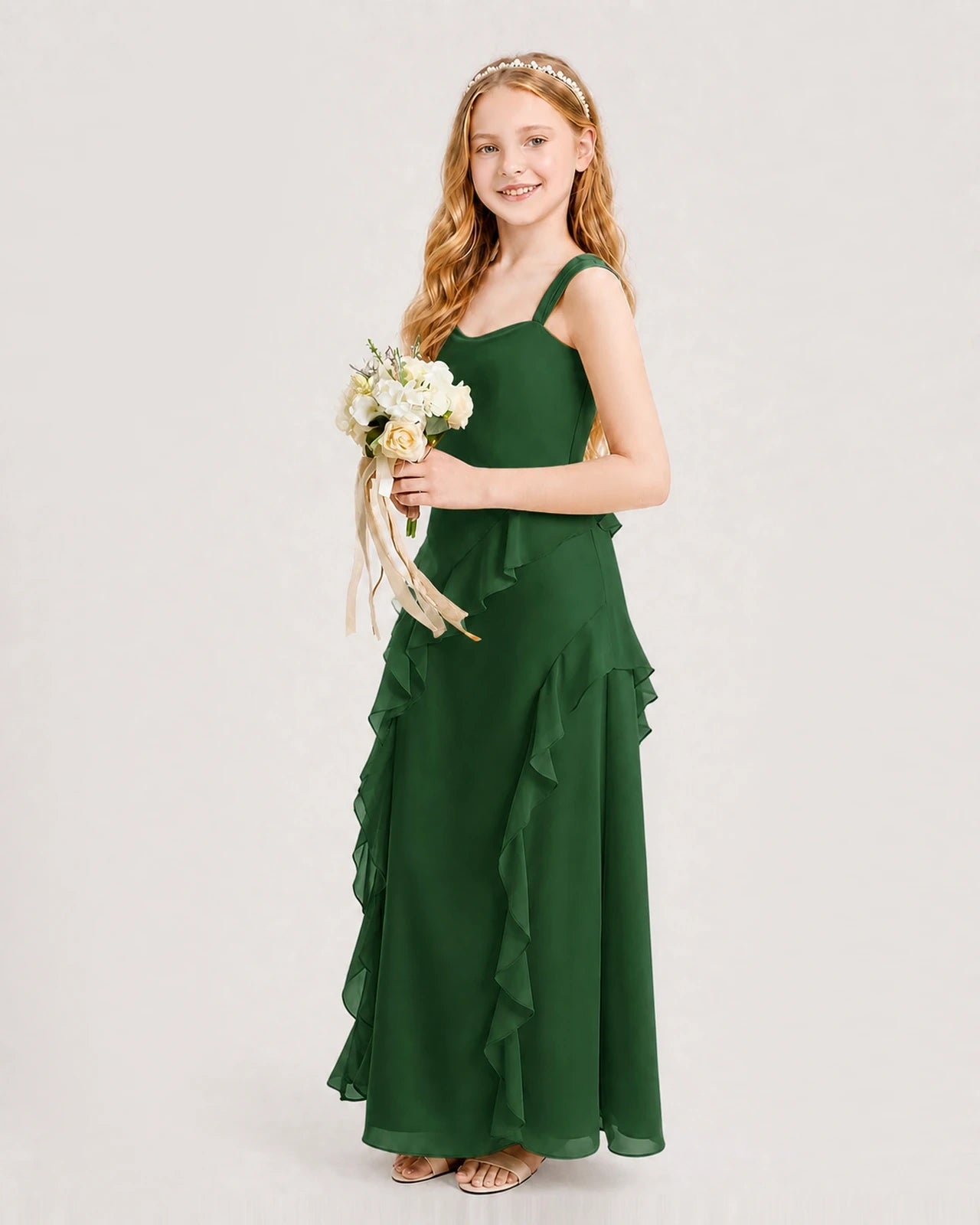 Dideyttawl Chiffon Junior Bridesmaid Dress with Cascading Ruffles