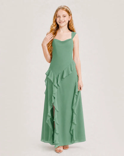 Eucalyptus Chiffon A-line Junior Bridesmaid Dress Front View