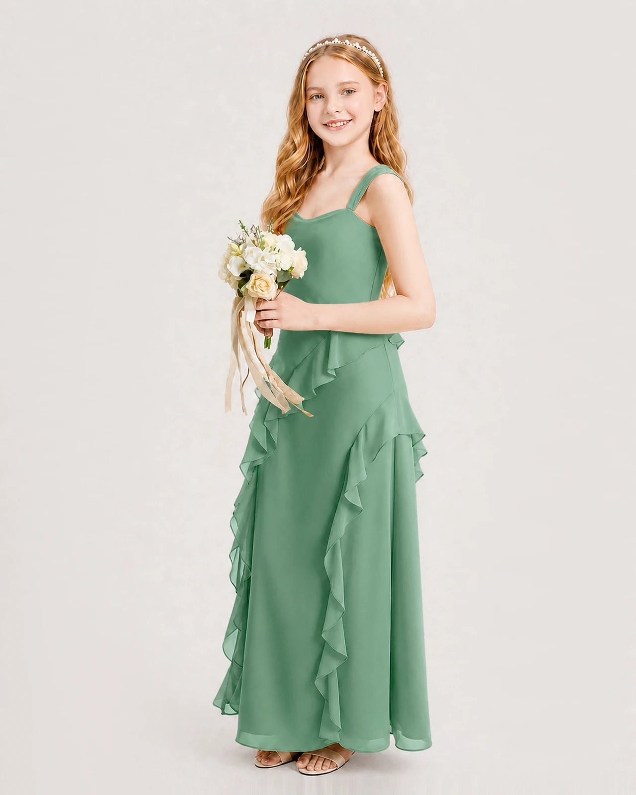 Dideyttawl Chiffon Junior Bridesmaid Dress with Cascading Ruffles