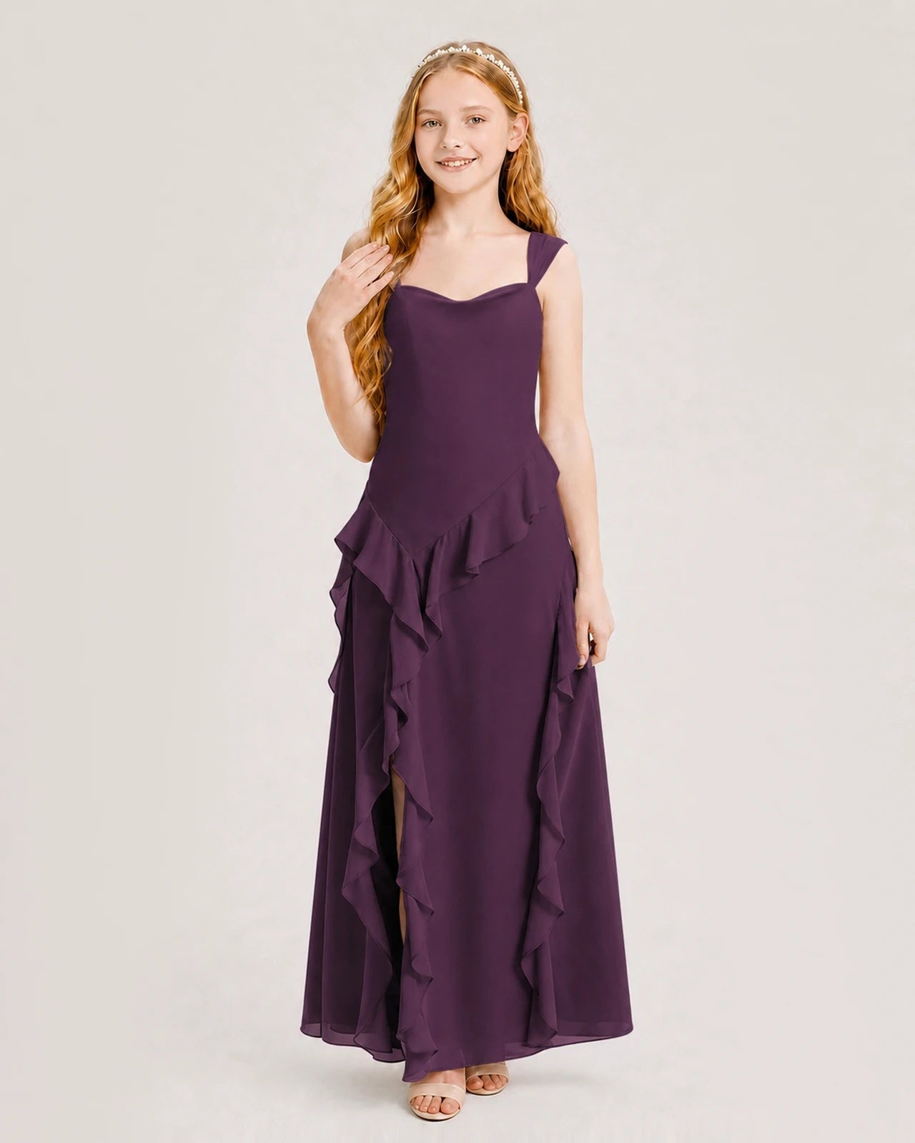 Dideyttawl Chiffon Junior Bridesmaid Dress with Cascading Ruffles