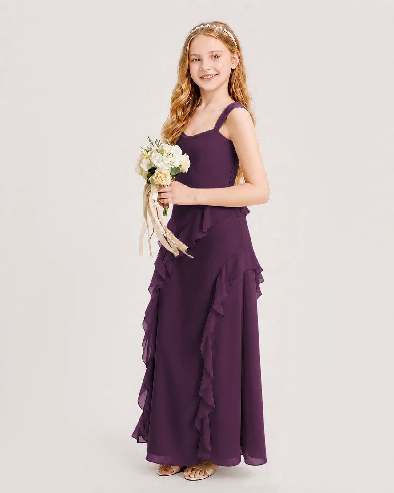 Dideyttawl Chiffon Junior Bridesmaid Dress with Cascading Ruffles