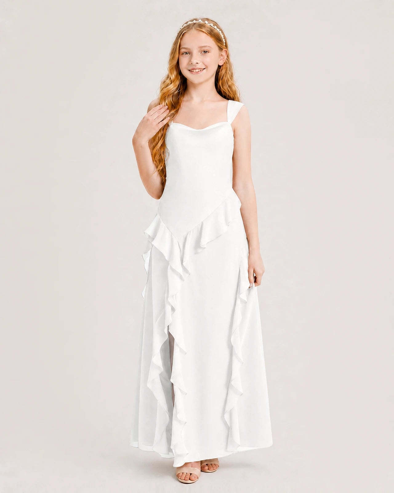 Dideyttawl Chiffon Junior Bridesmaid Dress with Cascading Ruffles