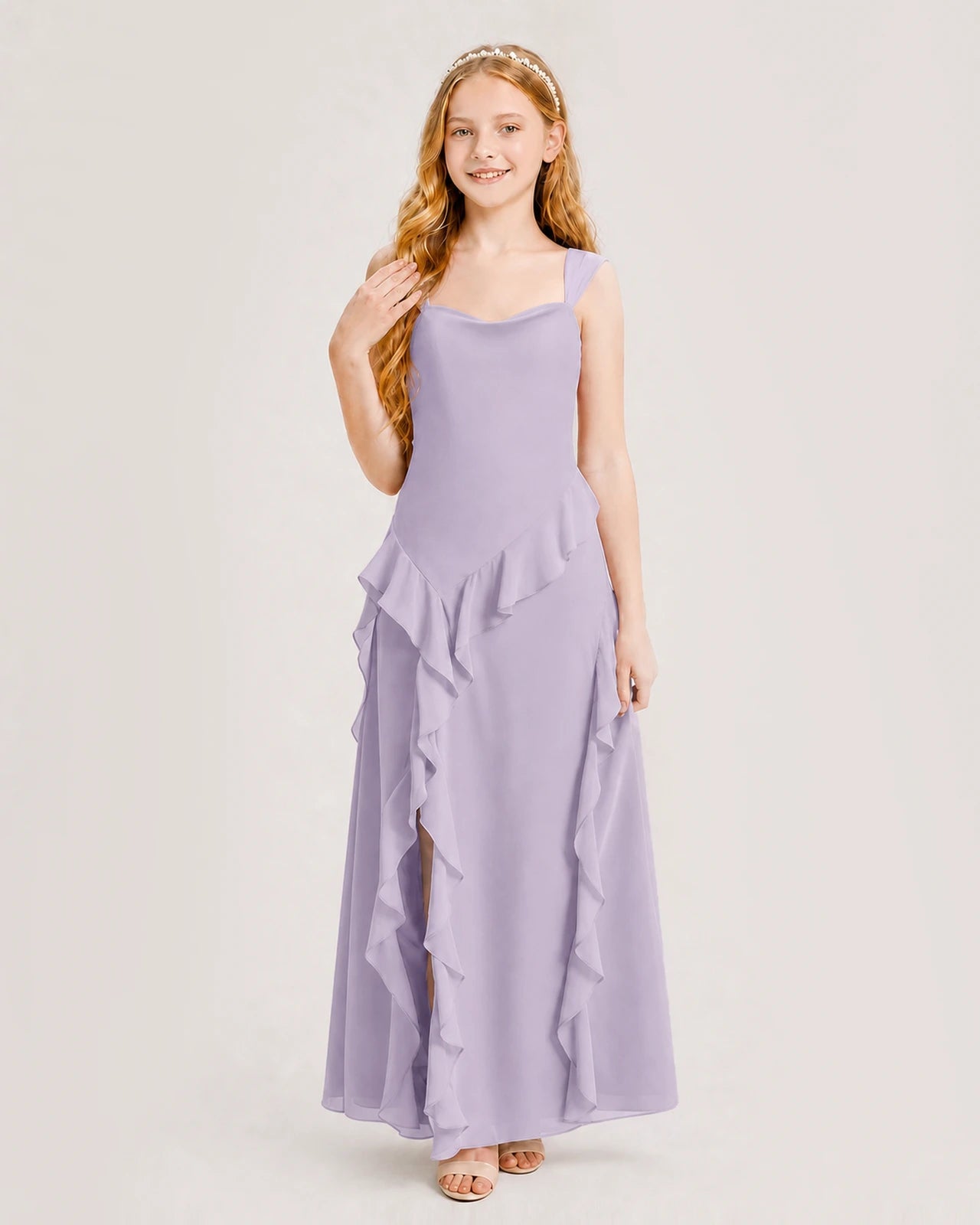 Dideyttawl Chiffon Junior Bridesmaid Dress with Cascading Ruffles