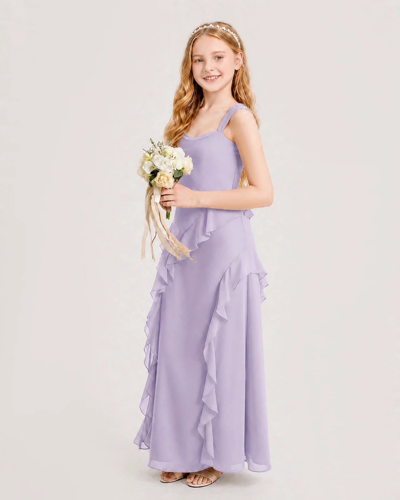 Dideyttawl Chiffon Junior Bridesmaid Dress with Cascading Ruffles