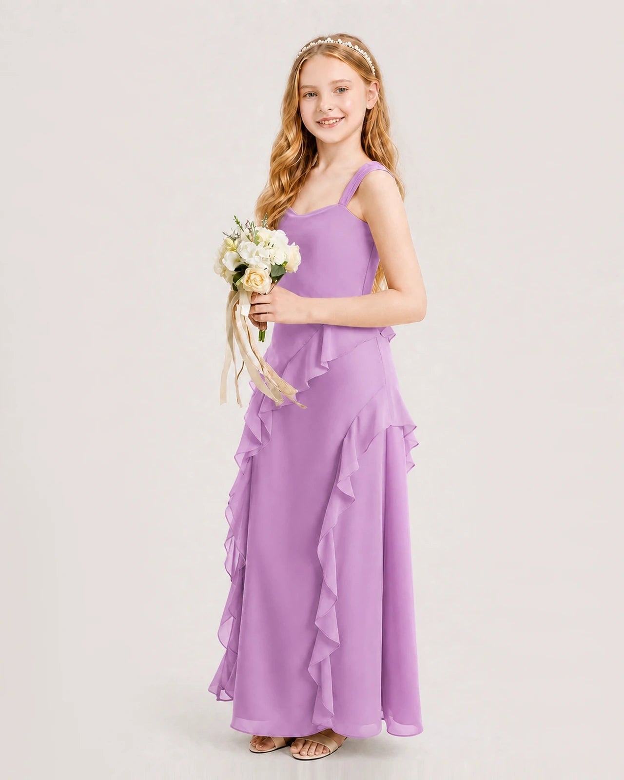 Dideyttawl Chiffon Junior Bridesmaid Dress with Cascading Ruffles