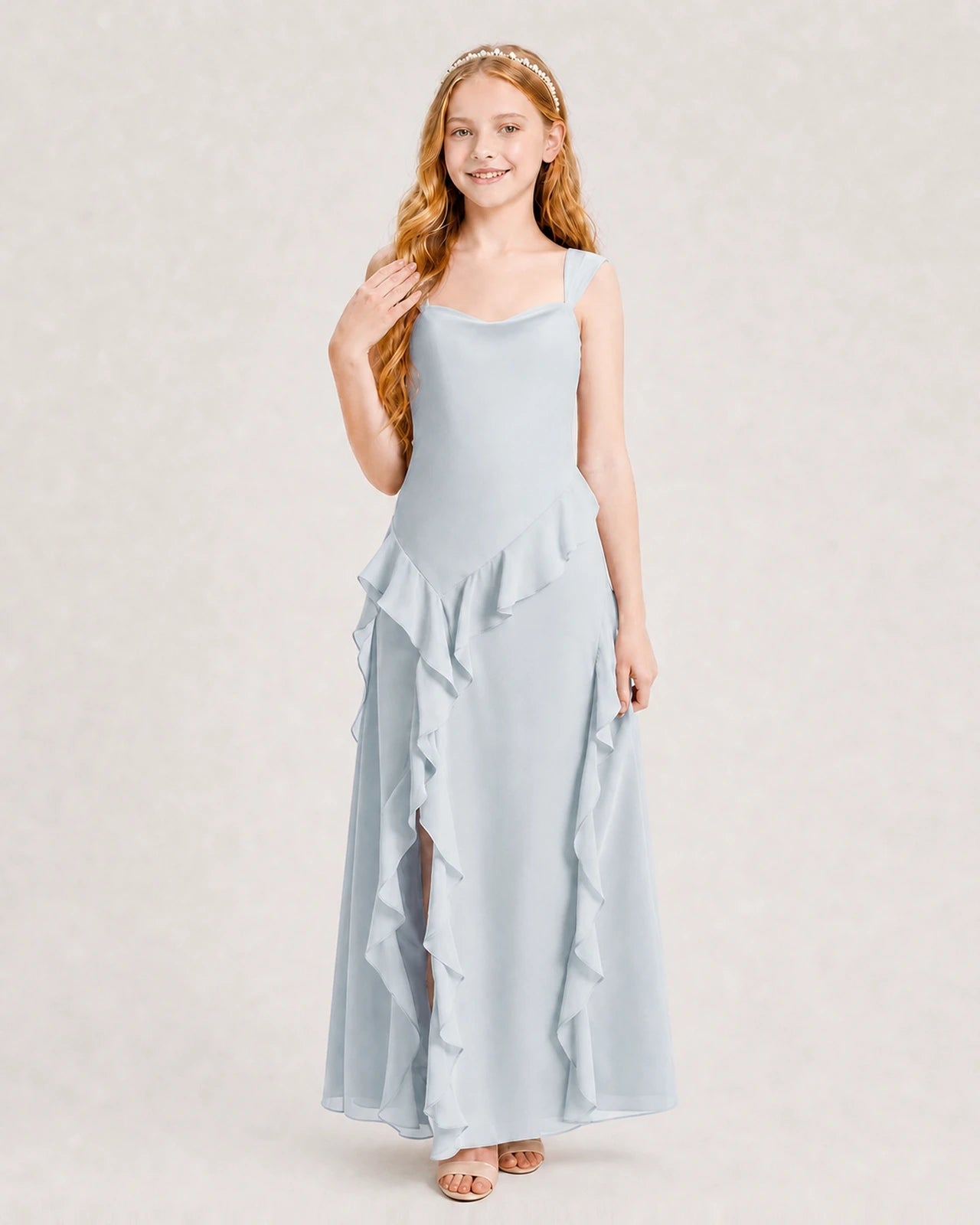 Dideyttawl Chiffon Junior Bridesmaid Dress with Cascading Ruffles