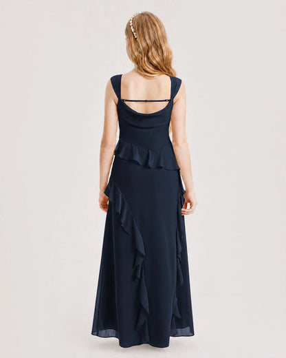 Navy Blue Chiffon A-line Junior Bridesmaid Dress Back View