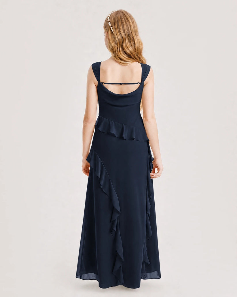 Navy Blue Chiffon A-line Junior Bridesmaid Dress Back View